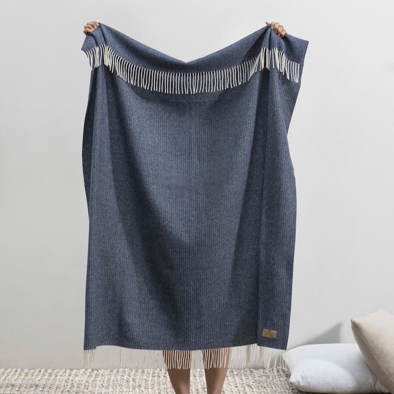 Cashmere Throw - Lands Downunder Pacific Blue Pinstripe Cashmere Throw - Full Length with Fringe