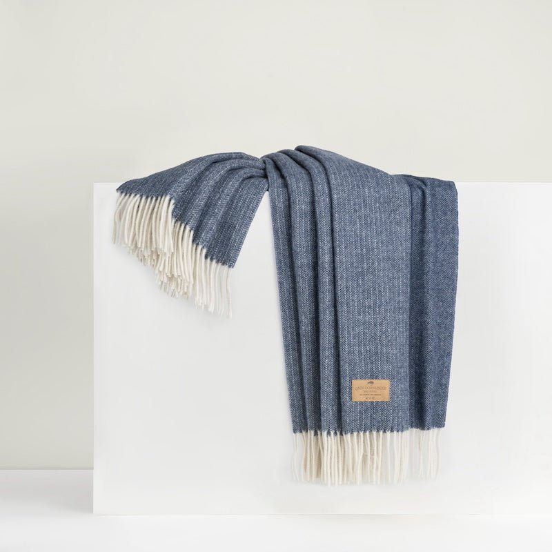 Cashmere Throw - Lands Downunder Pacific Blue Pinstripe Cashmere Throw - Folded on Riser