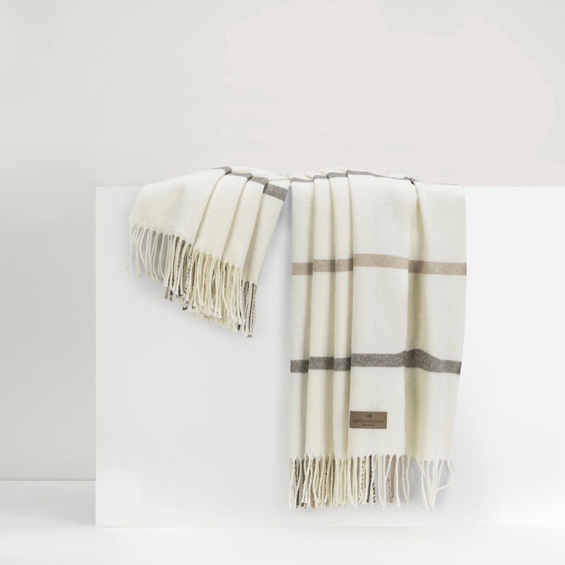 Lands Downunder Plaid Throw - Tattersall Dune and Barnwood Blanket on Riser - Fringe and Label