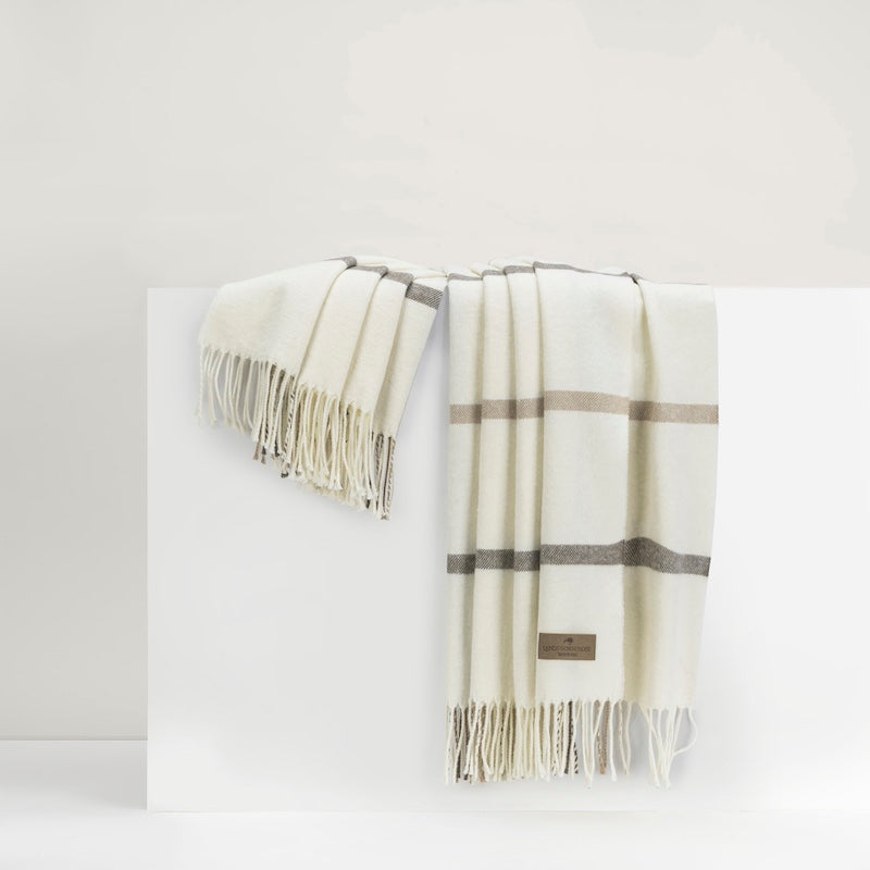 Lands Downunder Plaid Throw - Tattersall Dune and Barnwood Blanket - Shown hanging with Fringe