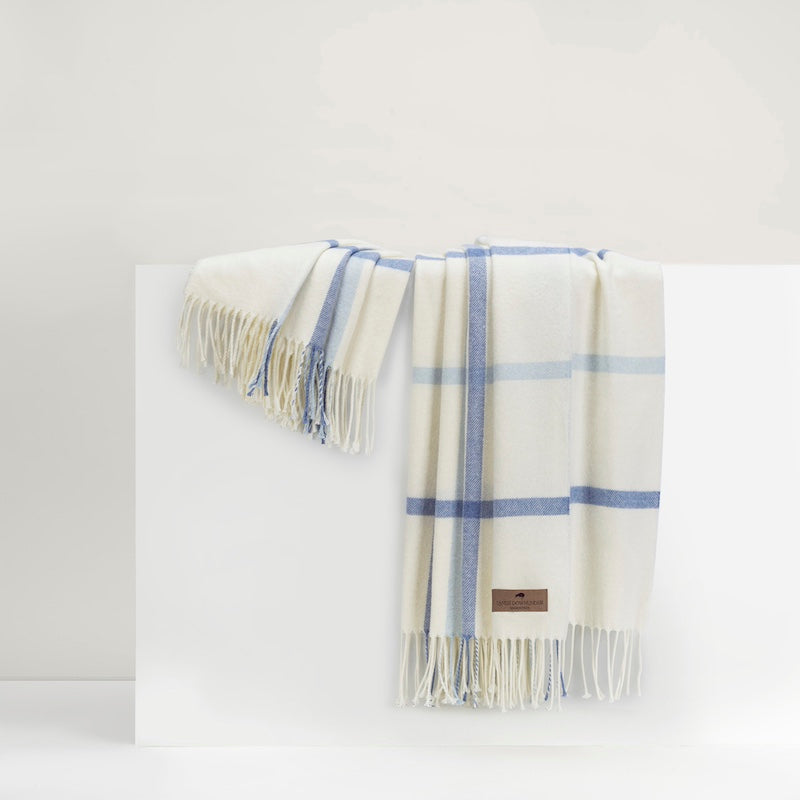 Lands Downunder Blanket - Blue Denim and Baby Blue Tattersall Throw being Held to show Fringe