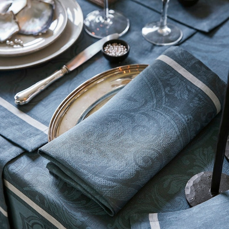 Napkin - Armoiries Cerulean Blue Table Linens by Le Jacquard Français - Shown on Tablescape