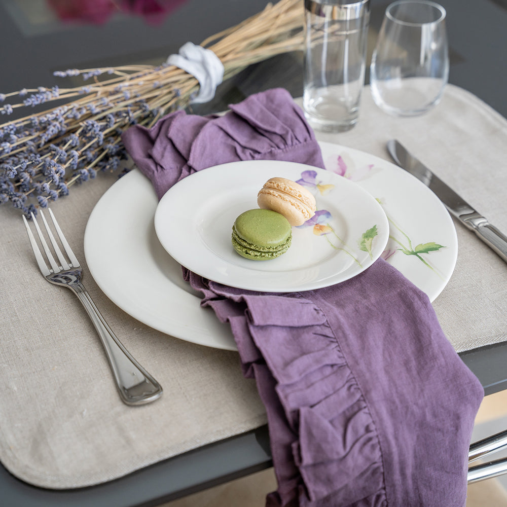 Lucca Eggplant Napkin Lifestyle | Mode Living at Fig Linens and Home