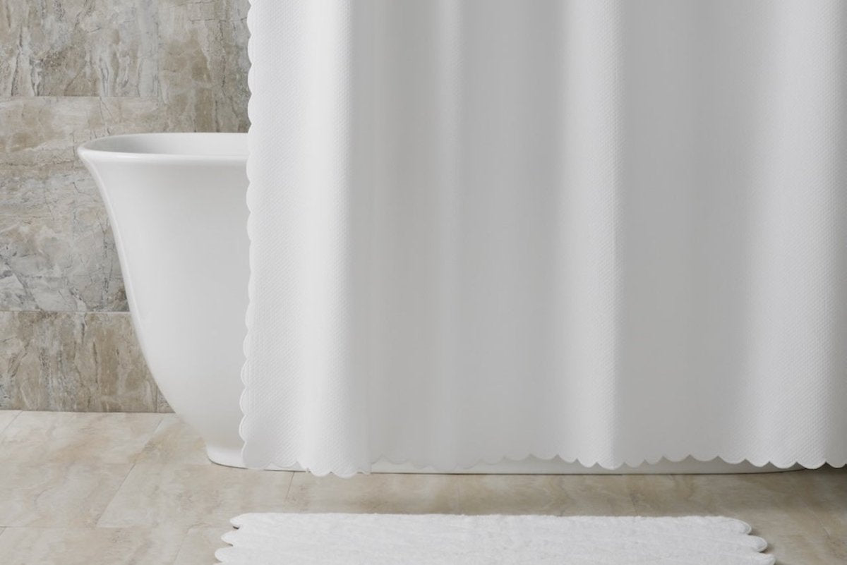 Matouk White Shower Curtain with Scalloped Edge shown with Tub Mat | Fig Linens and Home 2