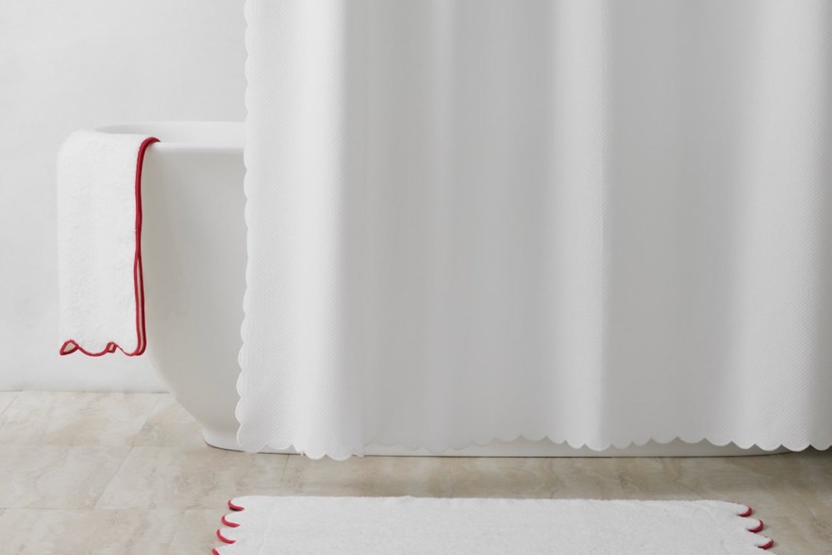 Matouk White Shower Curtain with Scalloped Edge shown with Tub Mat | Fig Linens and Home 1