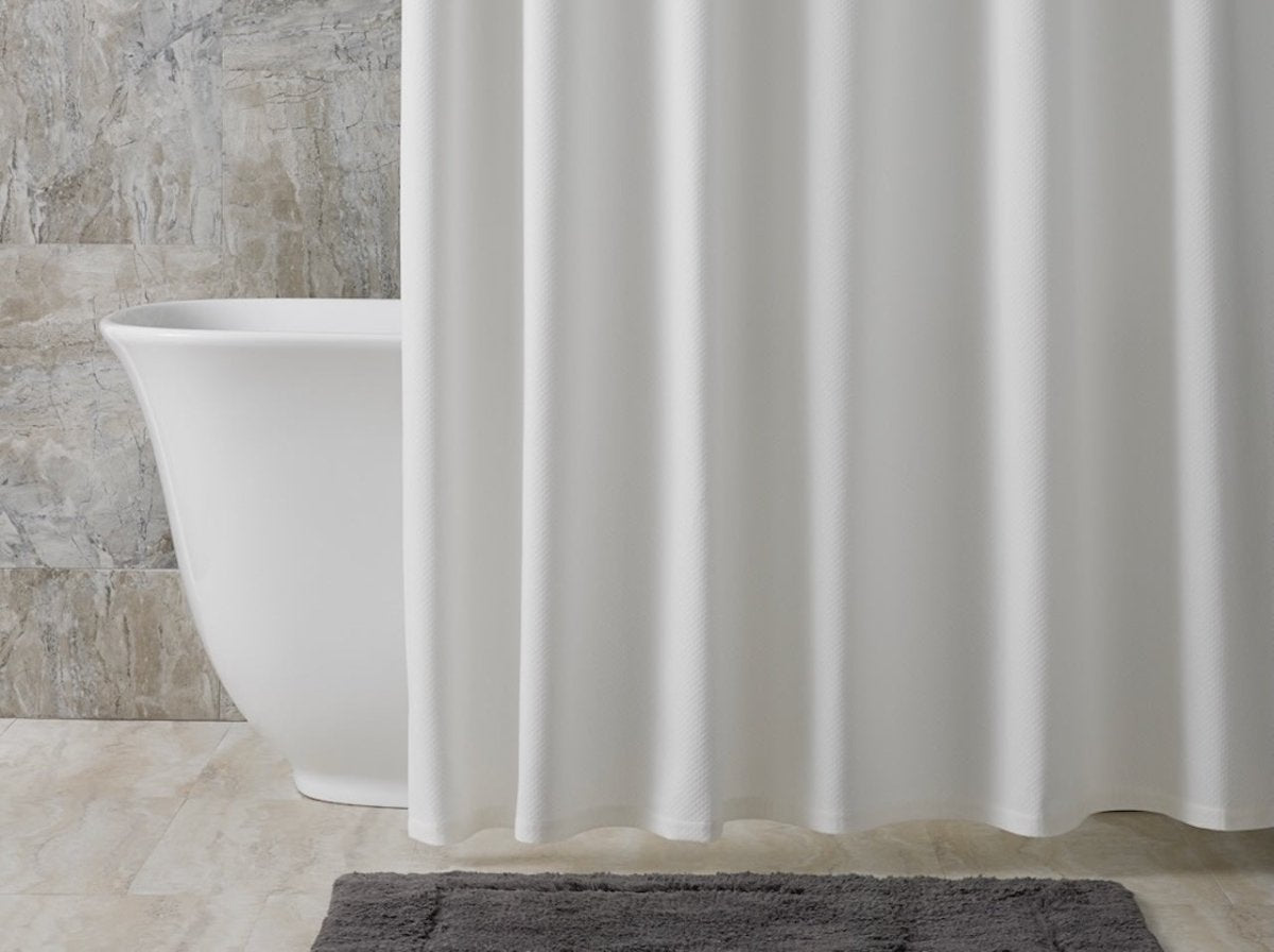 Matouk Diamond Pique Shower Curtain with Straight Hem - Lifestyle of Tailored Shower with Bath - Fig Linens and Home