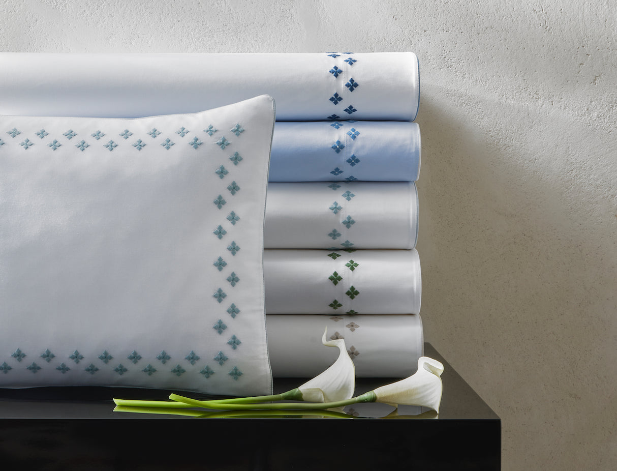 Matouk Casablanca Percale Bedding at Fig Linens and Home - Stack of Embroidery Colors 2