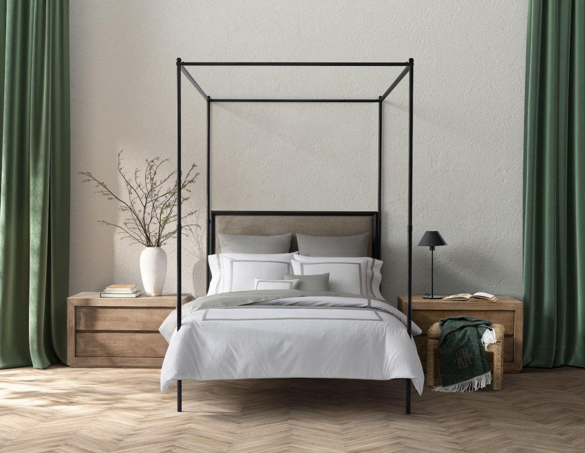 Matouk Louise Bedding at Fig Linens and Home - Silver Louise on Bed in Bedroom with Green Curtains