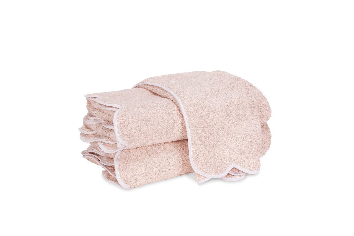 Matouk Cairo Scallop Terrycloth Towels Blush Pink and White at Fig Linens and Home
