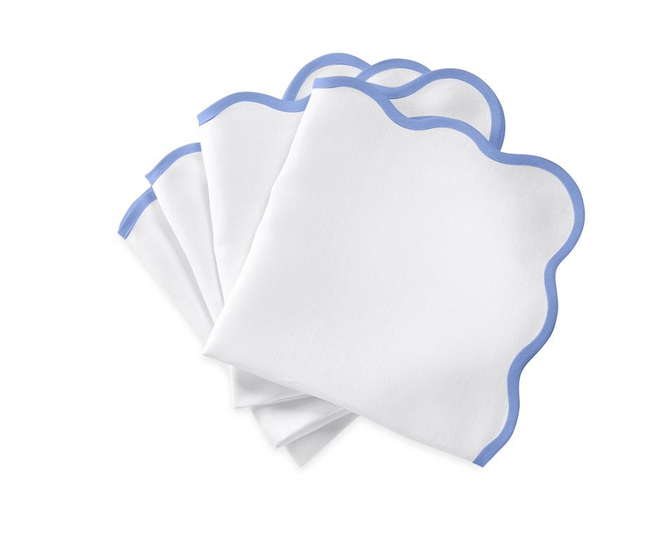Matouk Napkins - Scallop Edge Napkin in White with Sky Blue Tape - Fig Linens and Home