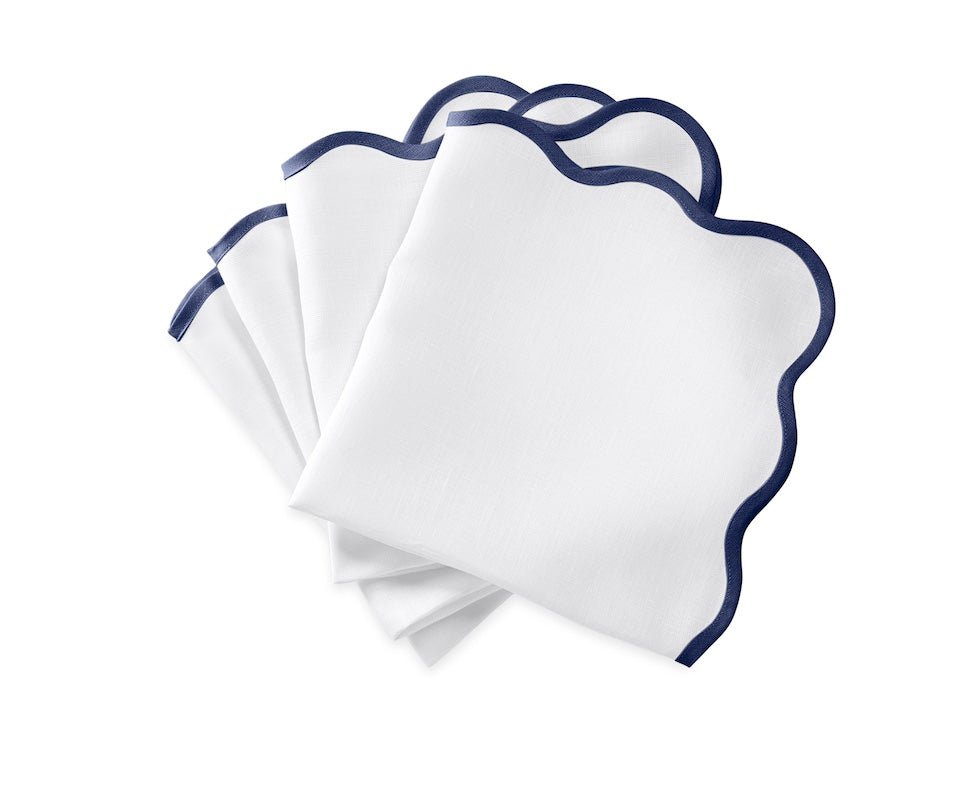 Matouk Napkins - Scallop Edge Napkin in White with Sapphire Blue Tape - Fig Linens and Home