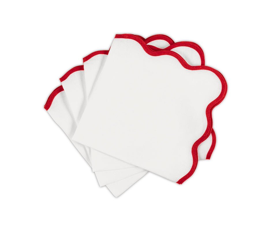 Matouk Napkins - Scallop Edge Napkin in White with Scarlet Red Tape - Fig Linens and Home