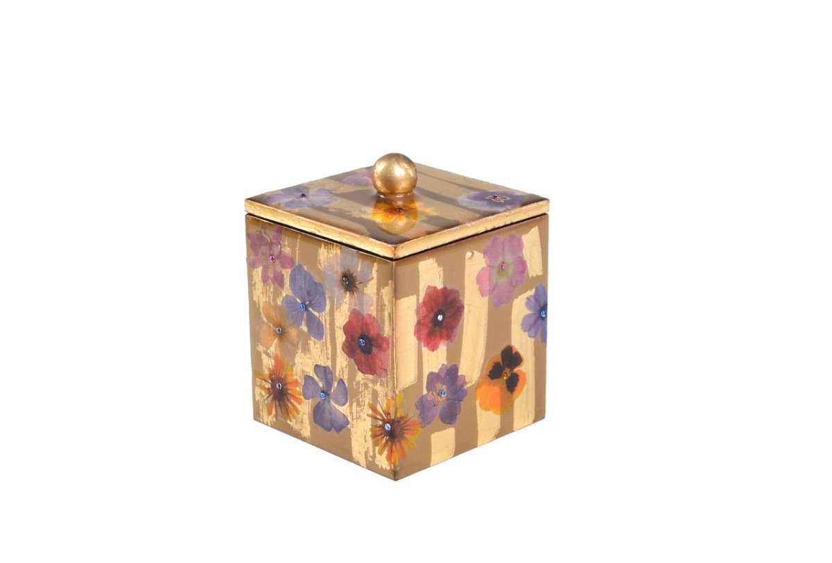 Mike + Ally Bath Accessories | Fleur Wild Flowers with Cabochon Gold Q-Tip or Cotton Balls Jar