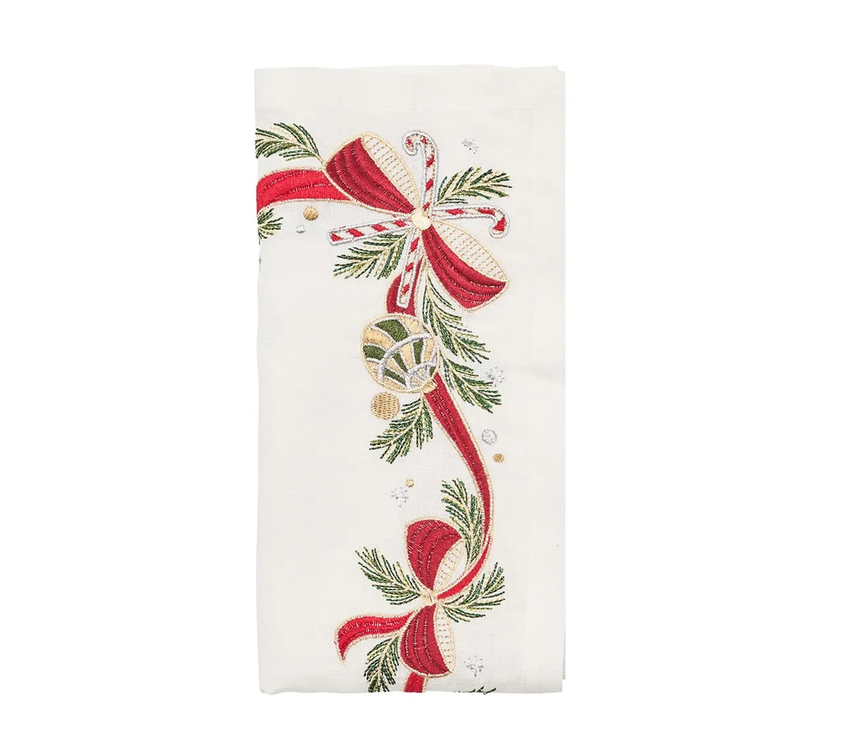 Tinsel Bow White/Red/Green Napkin | Kim Seybert at Fig Linens and Home