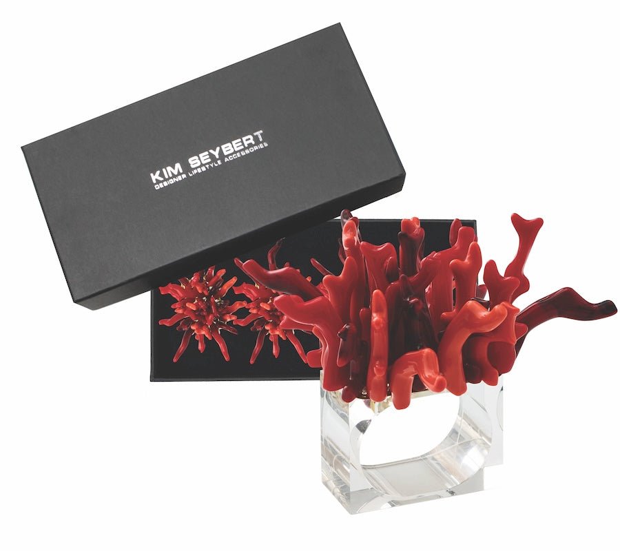 Kim Seybert Amalfi Napkin Ring in Coral Set of 4 in a Gift Box by Kim Seybert - CORAL 3.25"L x 2.25"W x 3.5"H Napkin Ring - Set of 4 at FIG LINENS AND HOME - 5
