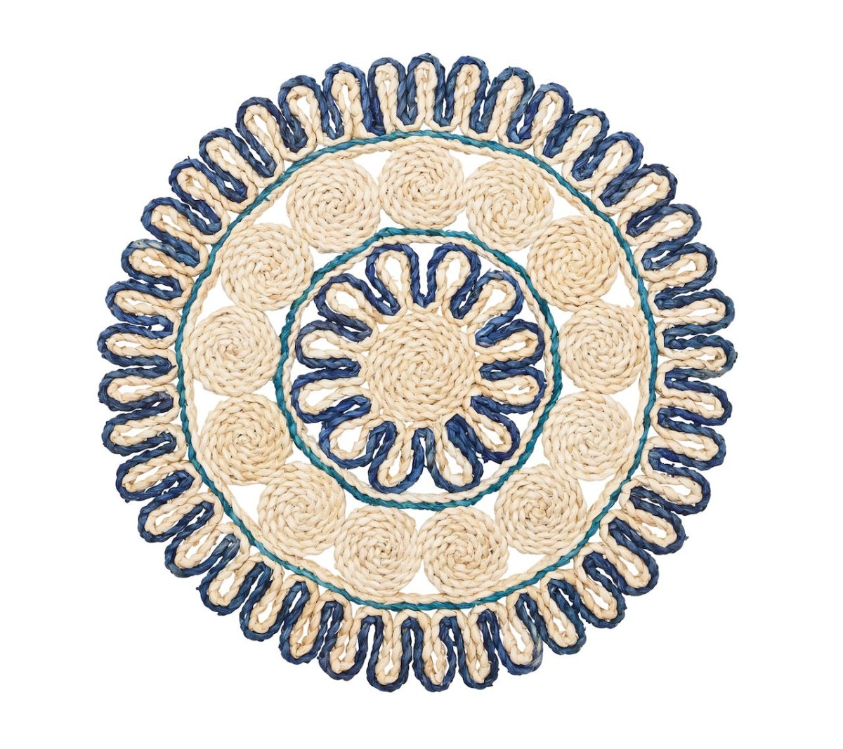 Kim Seybert Casbah Placemat in Natural & Blue Set of 4 by Kim Seybert - Natural/Blue Placemats Set of 4 - 15"L x 15"W x 0.5"H at FIG LINENS AND HOME - 1
