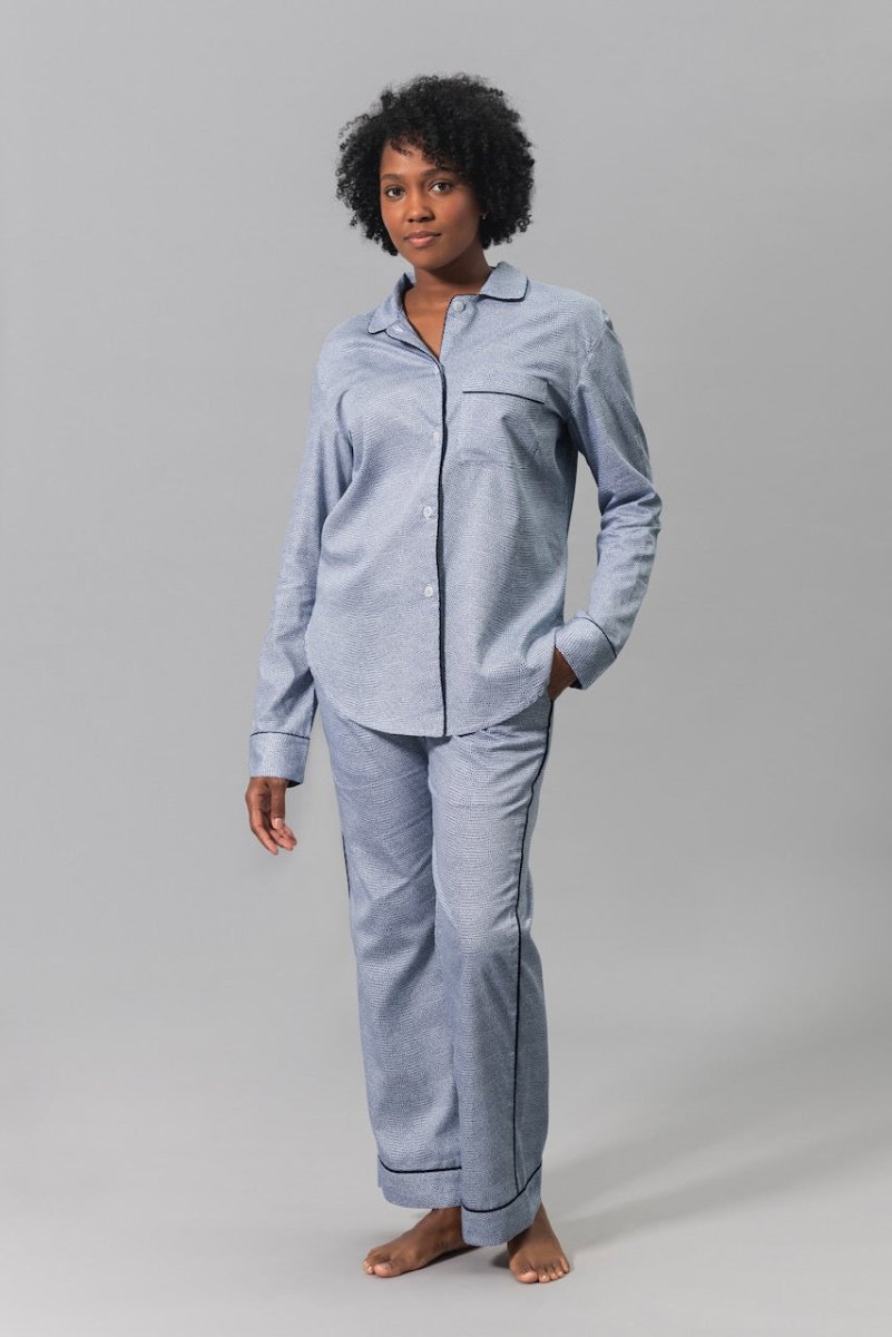 Matouk Jasper Pajamas in Steel Blue with Navy Blue Piping - Shown on Model - Front View