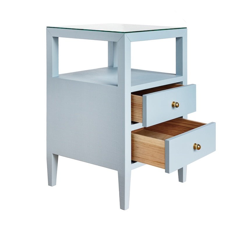 Roscoe Light Blue Side Table | Worlds Away Nightstand - Drawers Open View - Fig Linens and Home
