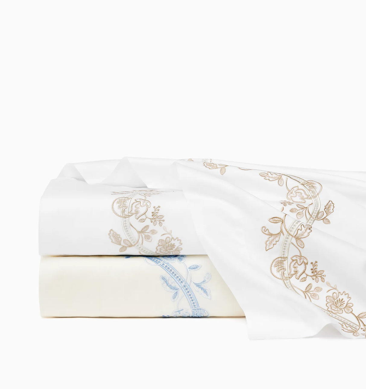 Isabella Embroidered Flat Sheet by Sferra x Scalamandre in Ivory/Sea at Fig Linens and Home - 1