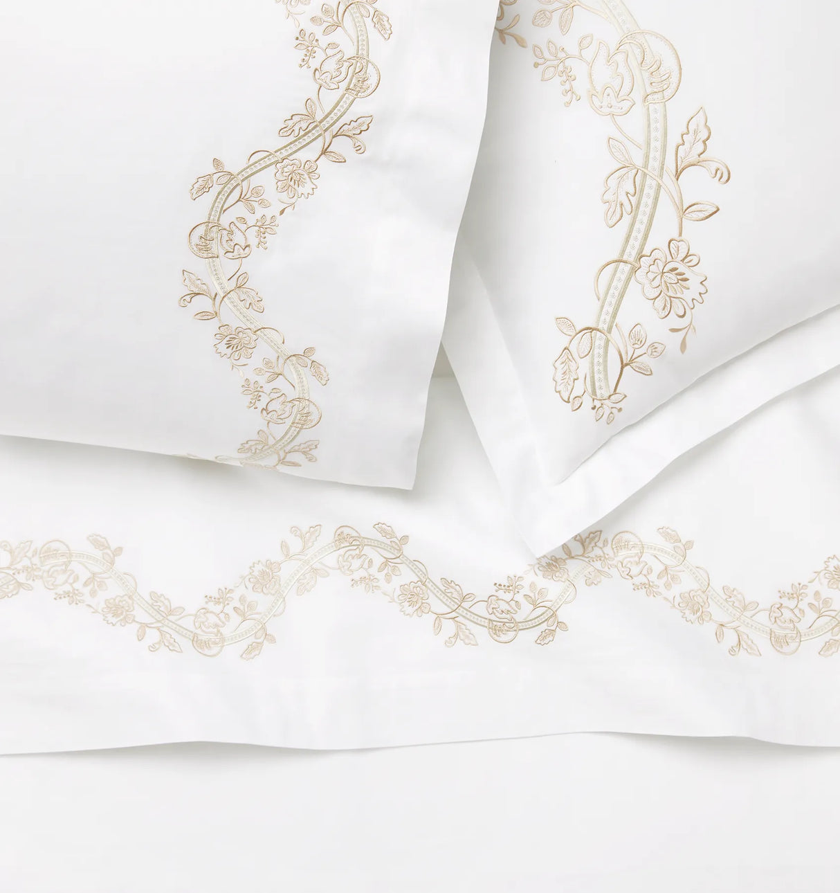 Isabella Embroidered Flat Sheet by Sferra x Scalamandre in White/Sand at Fig Linens and Home - 1