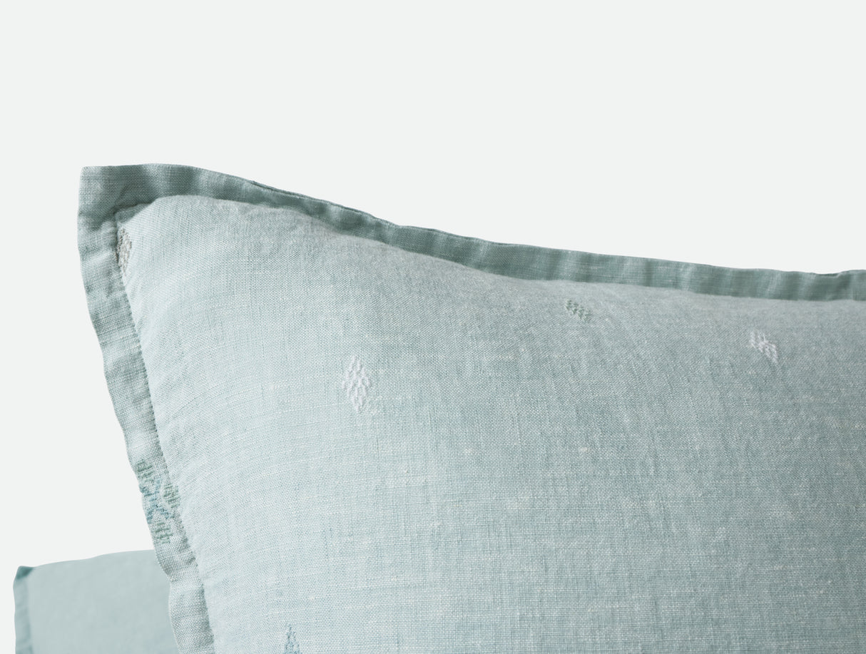 Pillow Detail - Coyuchi Cambria Embroidered 100% Organic Linen Pacific Blue Chambray Bedding 1