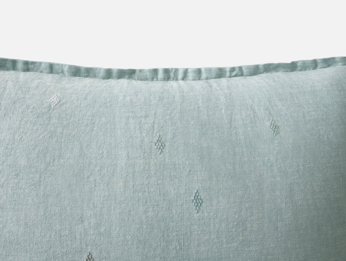 Pillow Detail - Coyuchi Cambria Embroidered 100% Organic Linen Pacific Blue Chambray Bedding 2