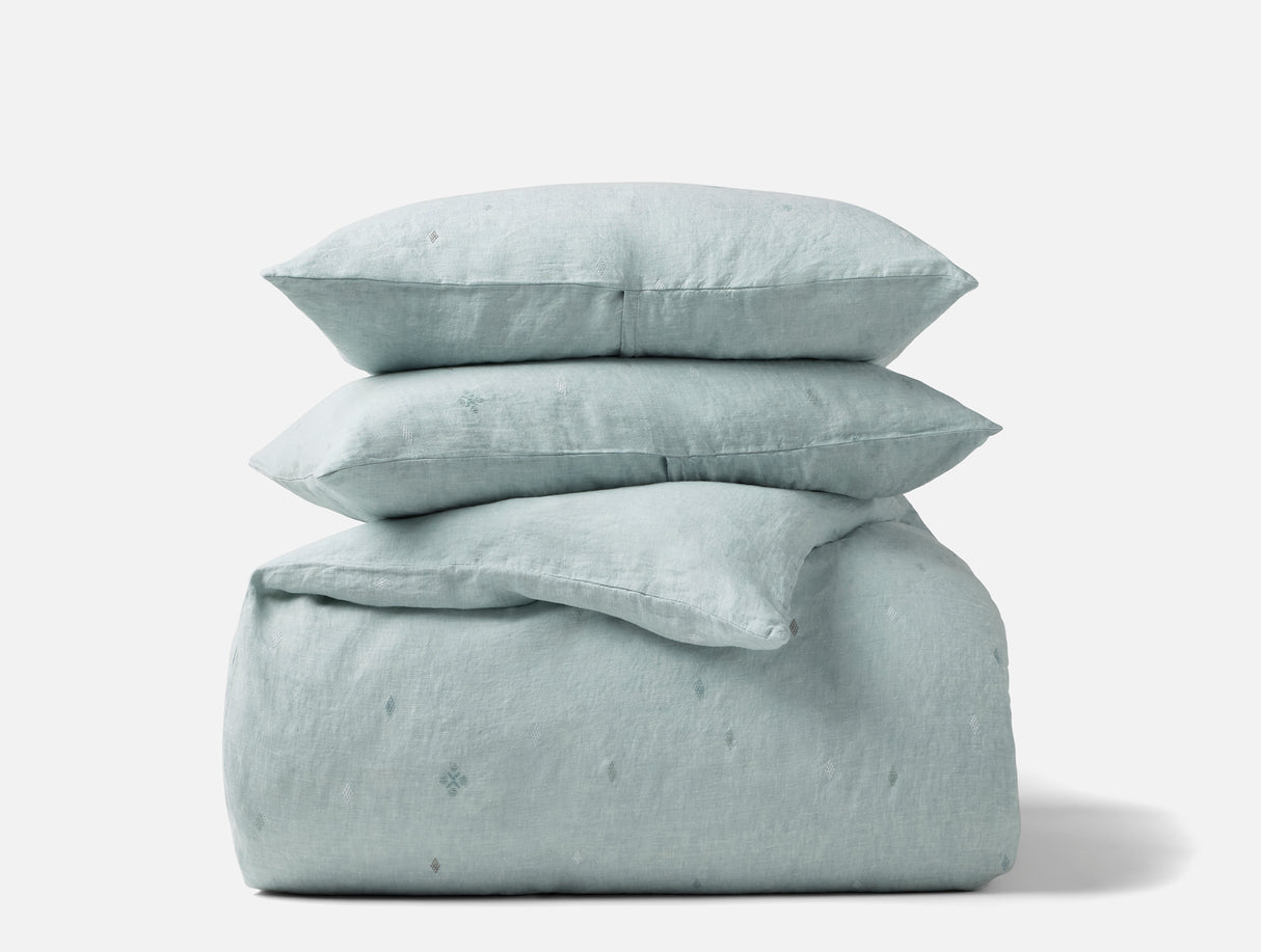 Duvet and Shams Stacked- Coyuchi Cambria Embroidered Organic Linen Pacific Blue Chambray Bedding