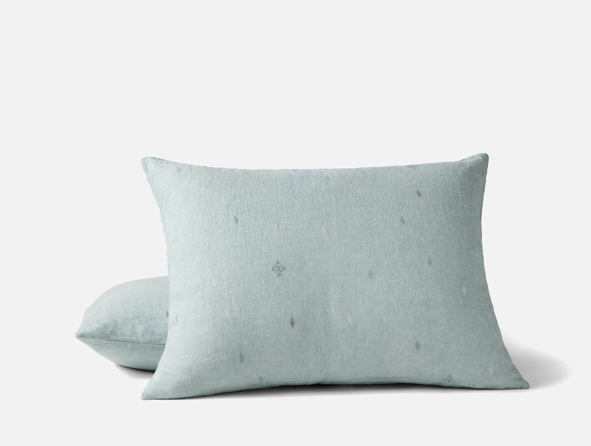 Standard Sham - Coyuchi Cambria Embroidered 100% Organic Linen Pacific Blue Chambray Bedding