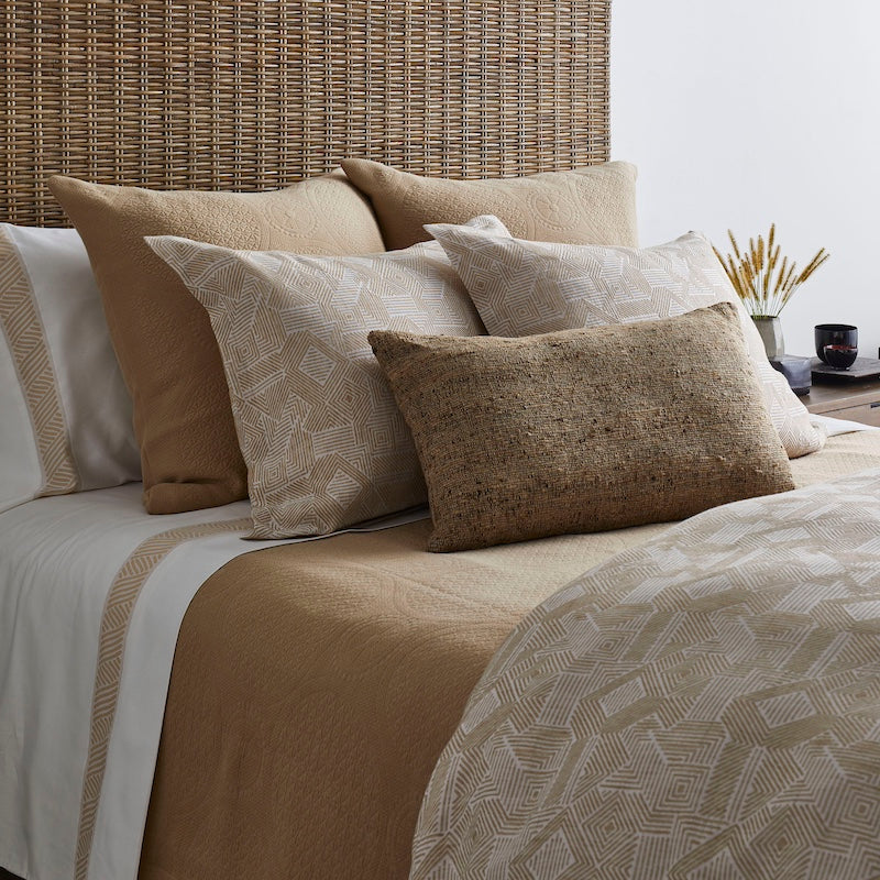Close up view of Duvet on Bed- Sashiko Bone and Sand Duvet Set by Ann Gish | Art of Home Collection
