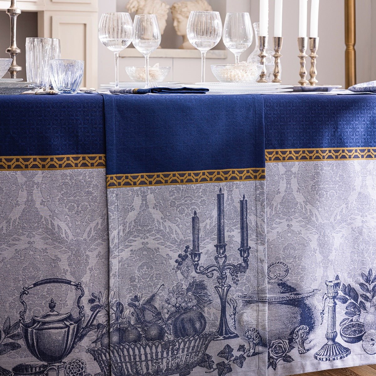 Festin Blue 15" x 106" Runner by Le Jacquard Français - 9at Fig Linens and Home - 5