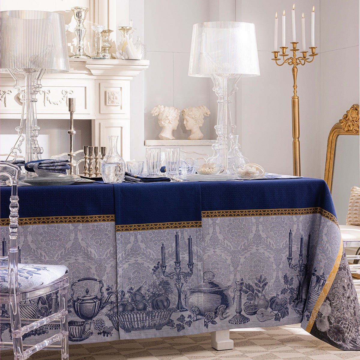 Festin Blue 15" x 106" Runner by Le Jacquard Français - 9at Fig Linens and Home - 6