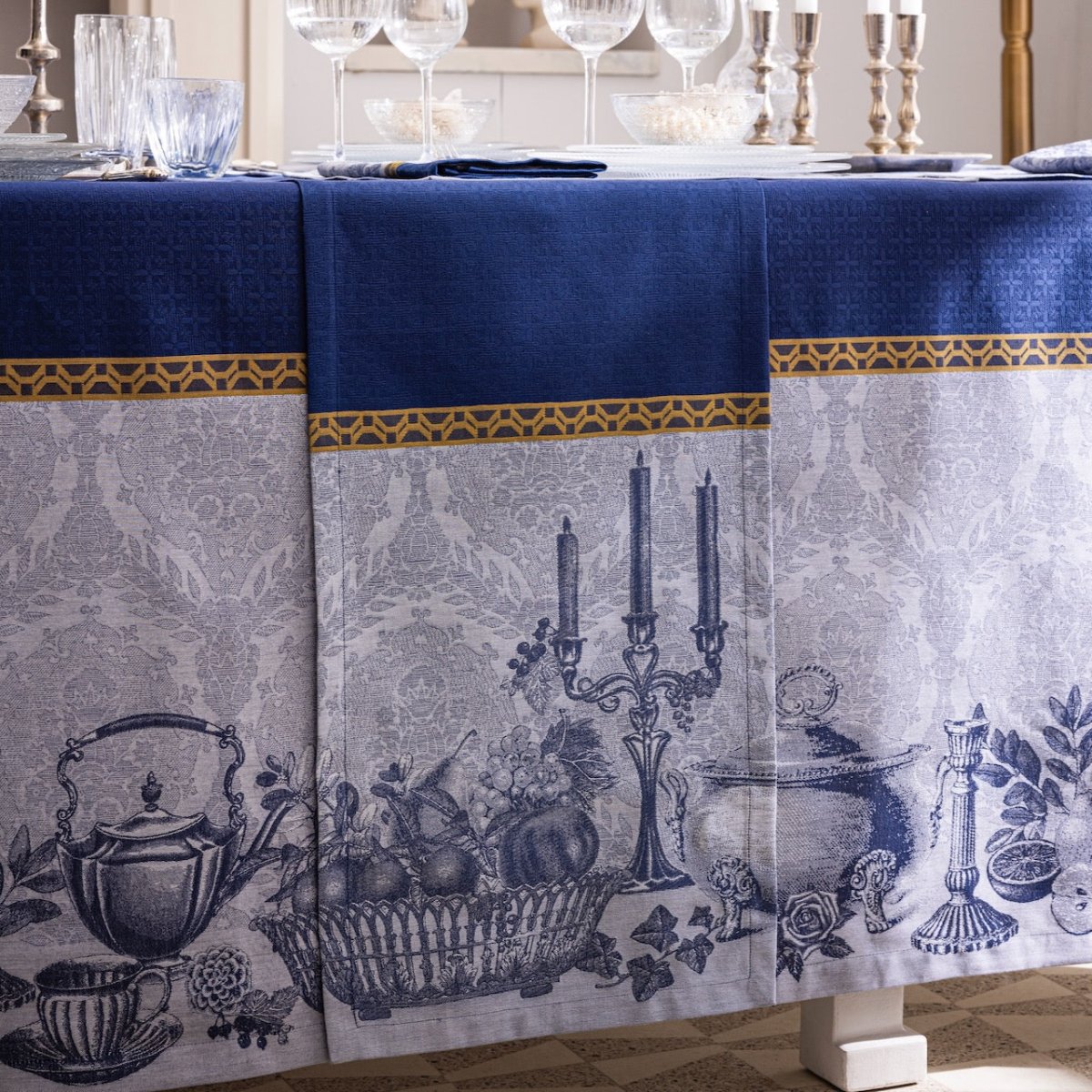 Festin Blue 20" x 79" Runner by Le Jacquard Français - 9at Fig Linens and Home - 9
