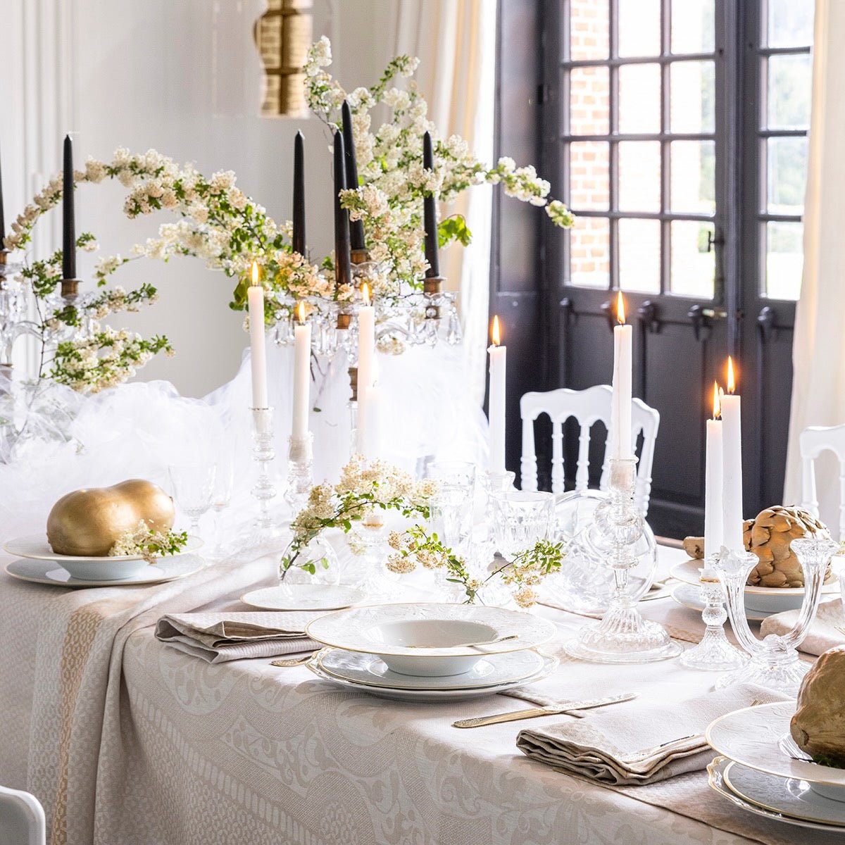 Evasion Celeste Beige 69" x 126" Tablecloth by Le Jacquard Français - 9at Fig Linens and Home - 4