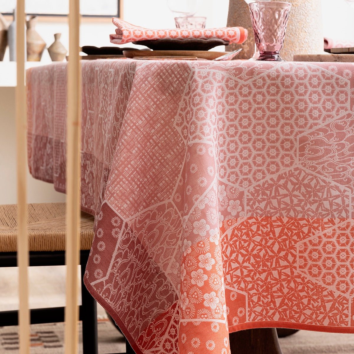 Wagara Pink 59" x 59" Coated Tablecloth by Le Jacquard Français - 9at Fig Linens and Home - 9