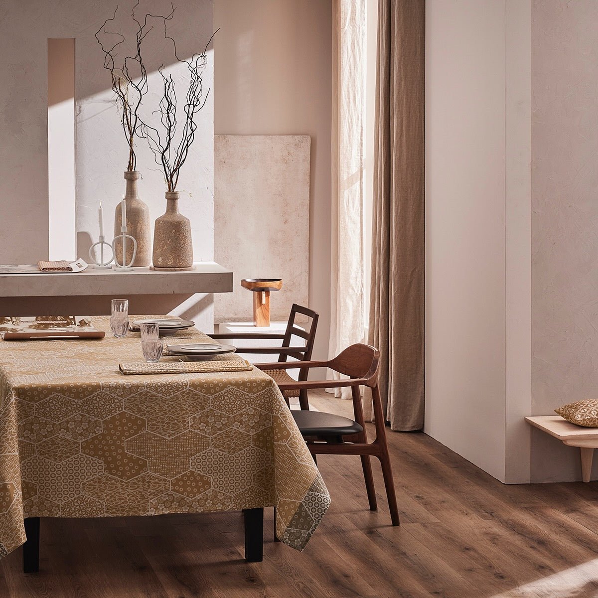 Wagara Beige 69" x 98" Coated Tablecloth by Le Jacquard Français - 9at Fig Linens and Home - 2