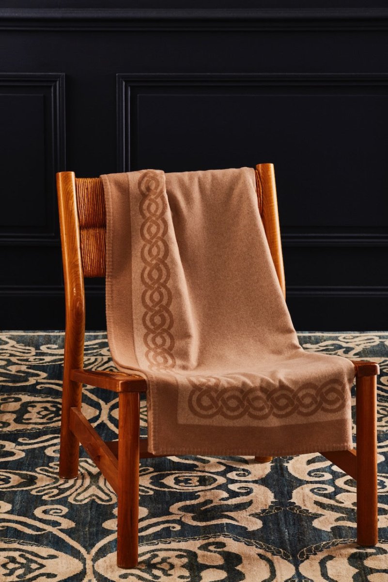Cashmere Throw on Chair - Joyau Camel Cashmere Blankets | Yves Delorme Couture Decor