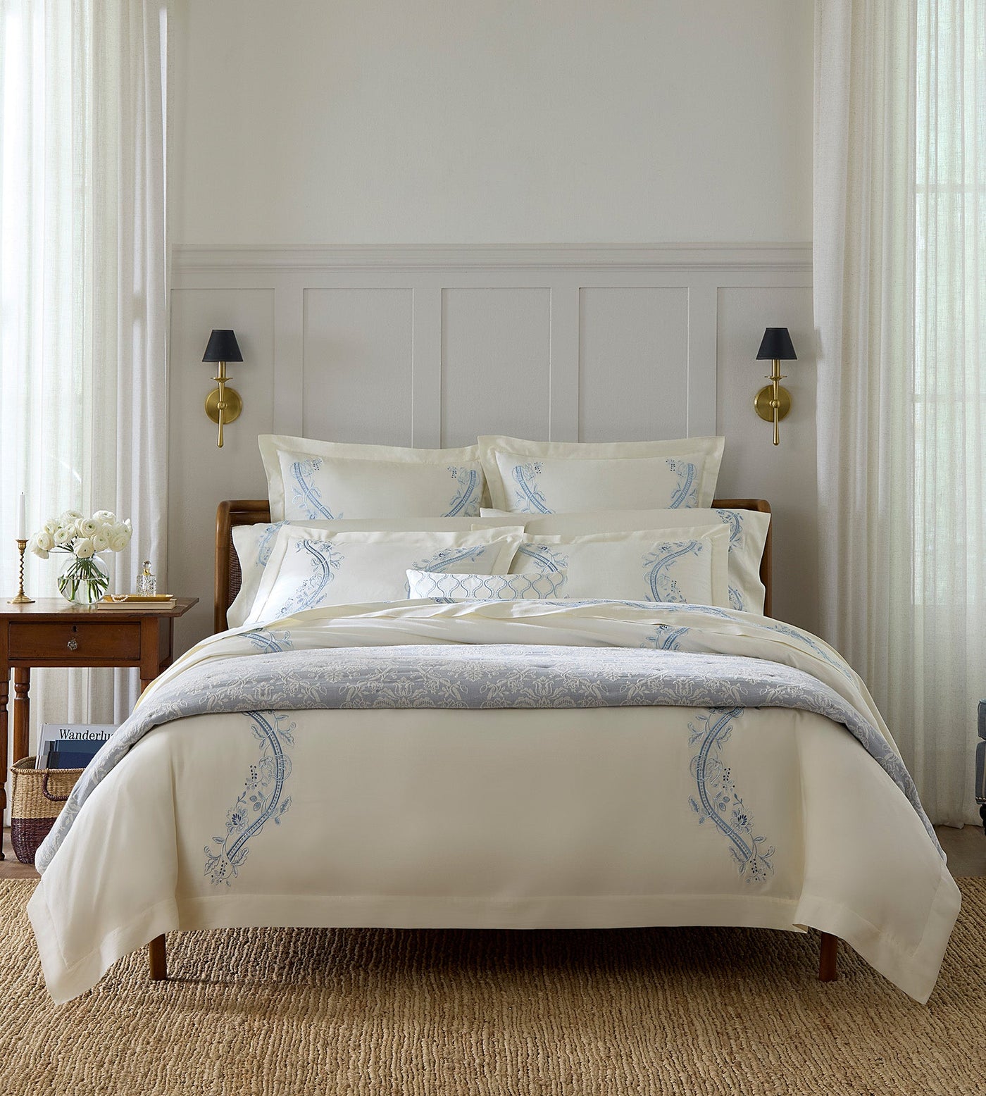 Isabella Embroidered Duvet Cover by Sferra x Scalamandre in Ivory/Sea at Fig Linens and Home - 1