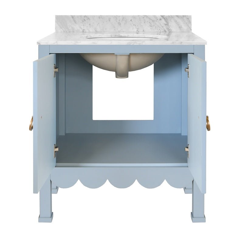 Bath Vanity Doors Open - Worlds Away Kealey Light Blue Bathroom Cabinet - Scallop Finish, Marble Top