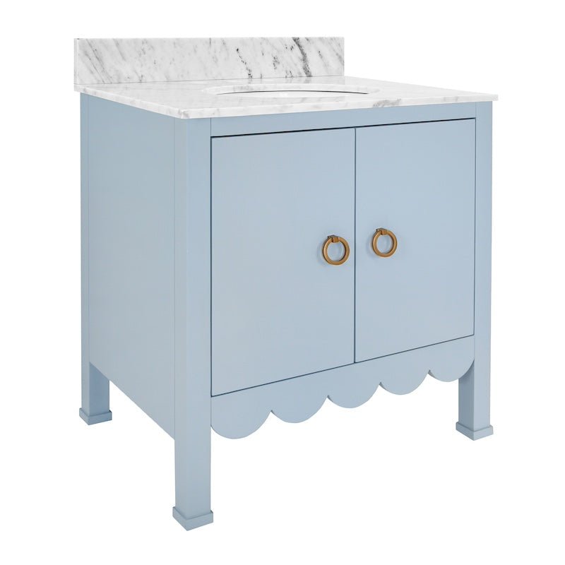 Bath Vanity Angle - Worlds Away Kealey Light Blue Bathroom Cabinet - Scallop Finish and Marble Top