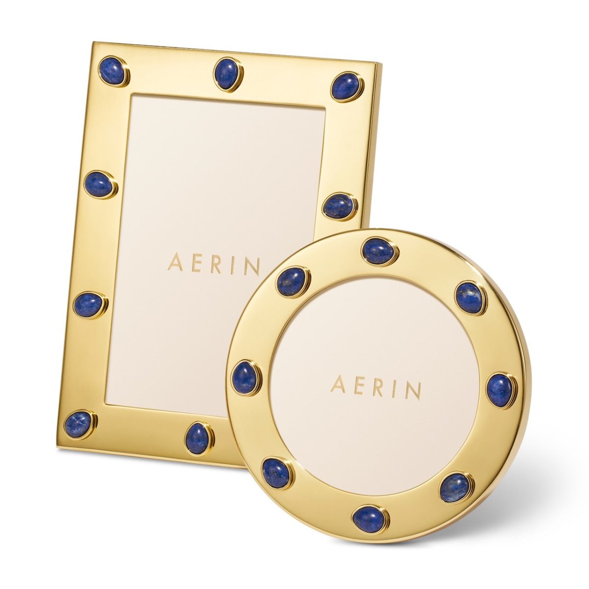 Augusta Gemstone Round Frame in Lapis by AERIN shown with larger Photo Frame