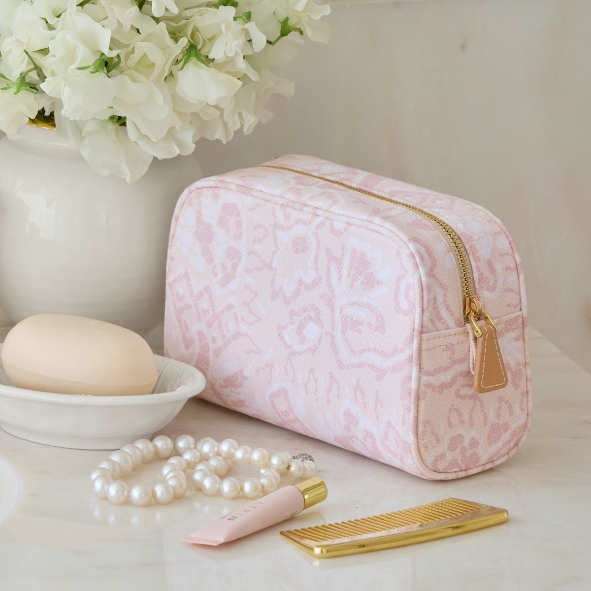 Batik Beauty Bag Small Light Pink by AERIN - Lifestyle Image - Fig linens and Home