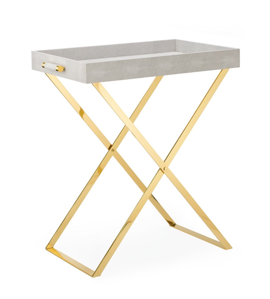 Brass Butler Tray Stand by AERIN at Fig Linens and Home - Shown with Grey Tray