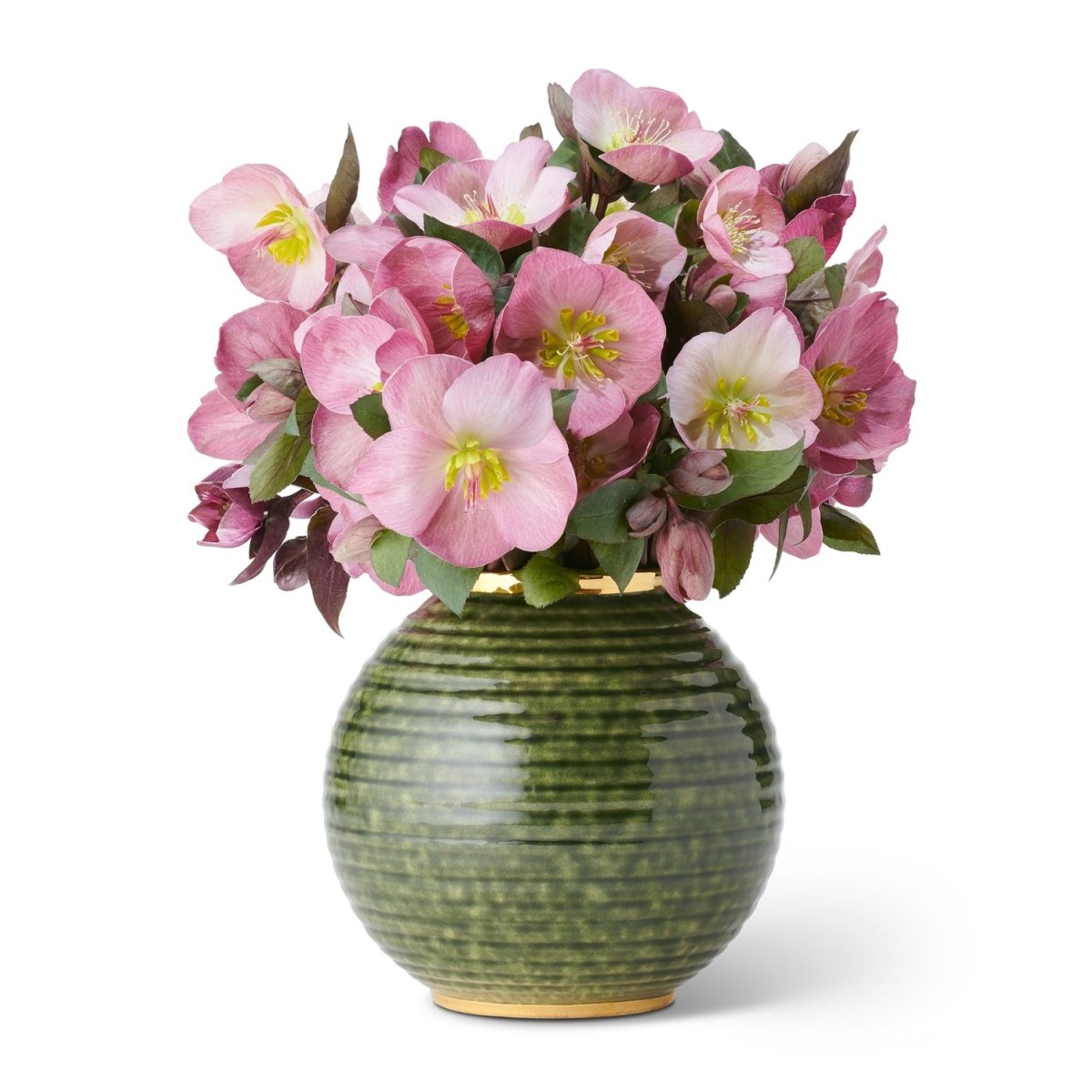 Calinda Round Vase in Forest Green by AERIN at Fig Linens and Home - Shown with Flowers 1