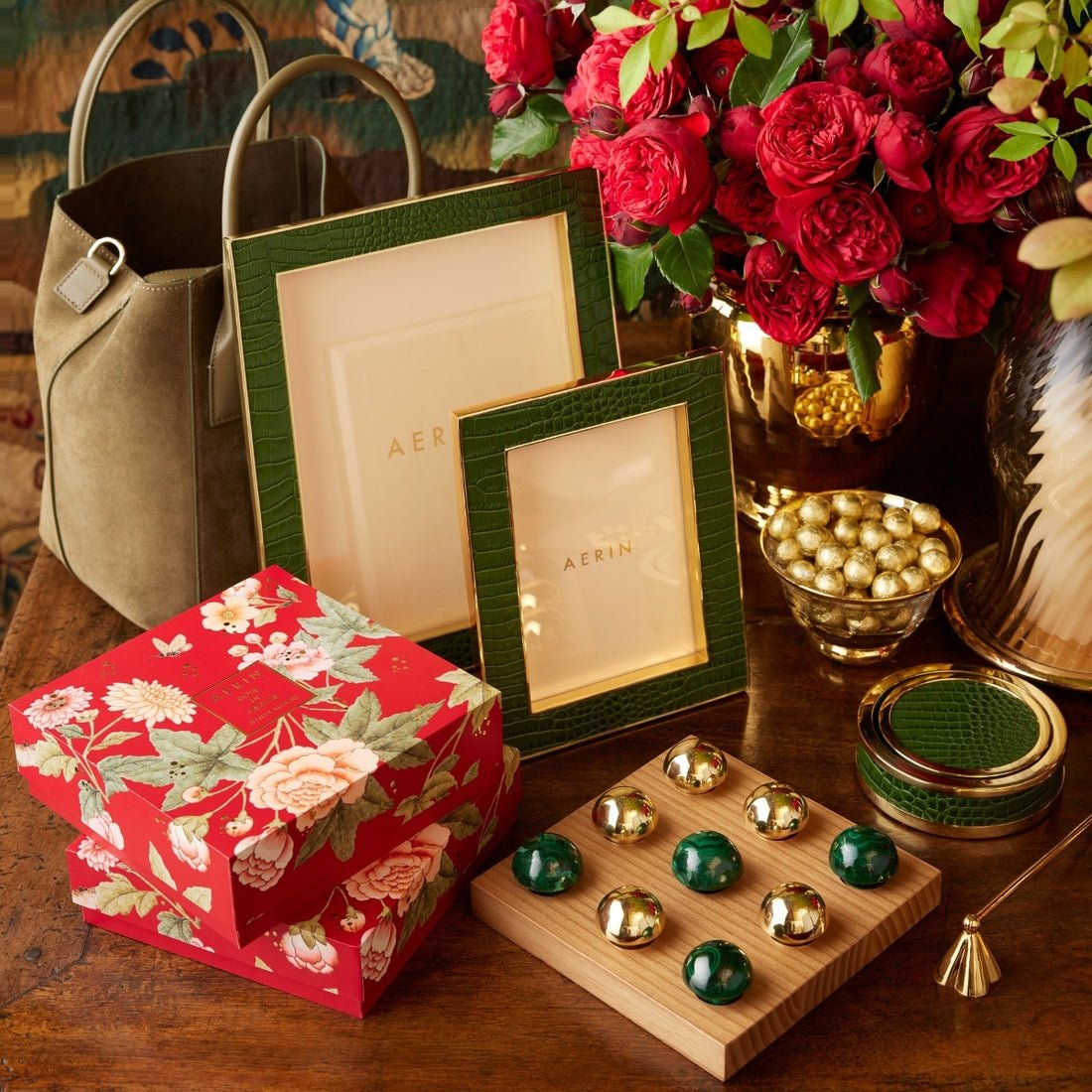 Classic Croc Leather Coasters Set of 4 in Verde by AERIN at Fig Linens and Home - Lifestyle 2