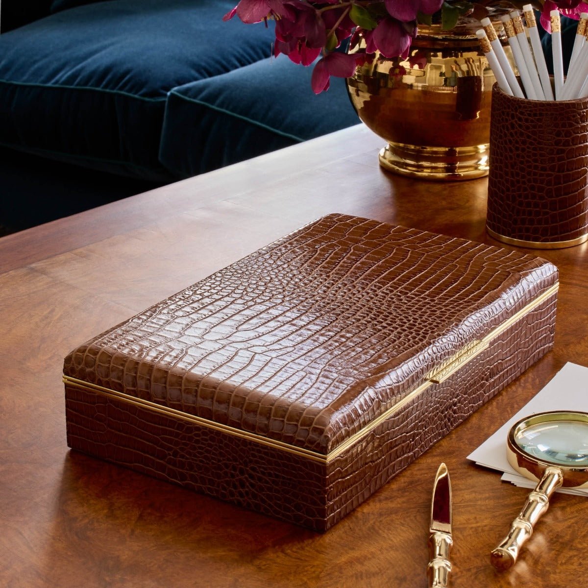 Classic Croc Leather Desk Box in Chestnut | AERIN Home Decor at Fig Linens and Home 4