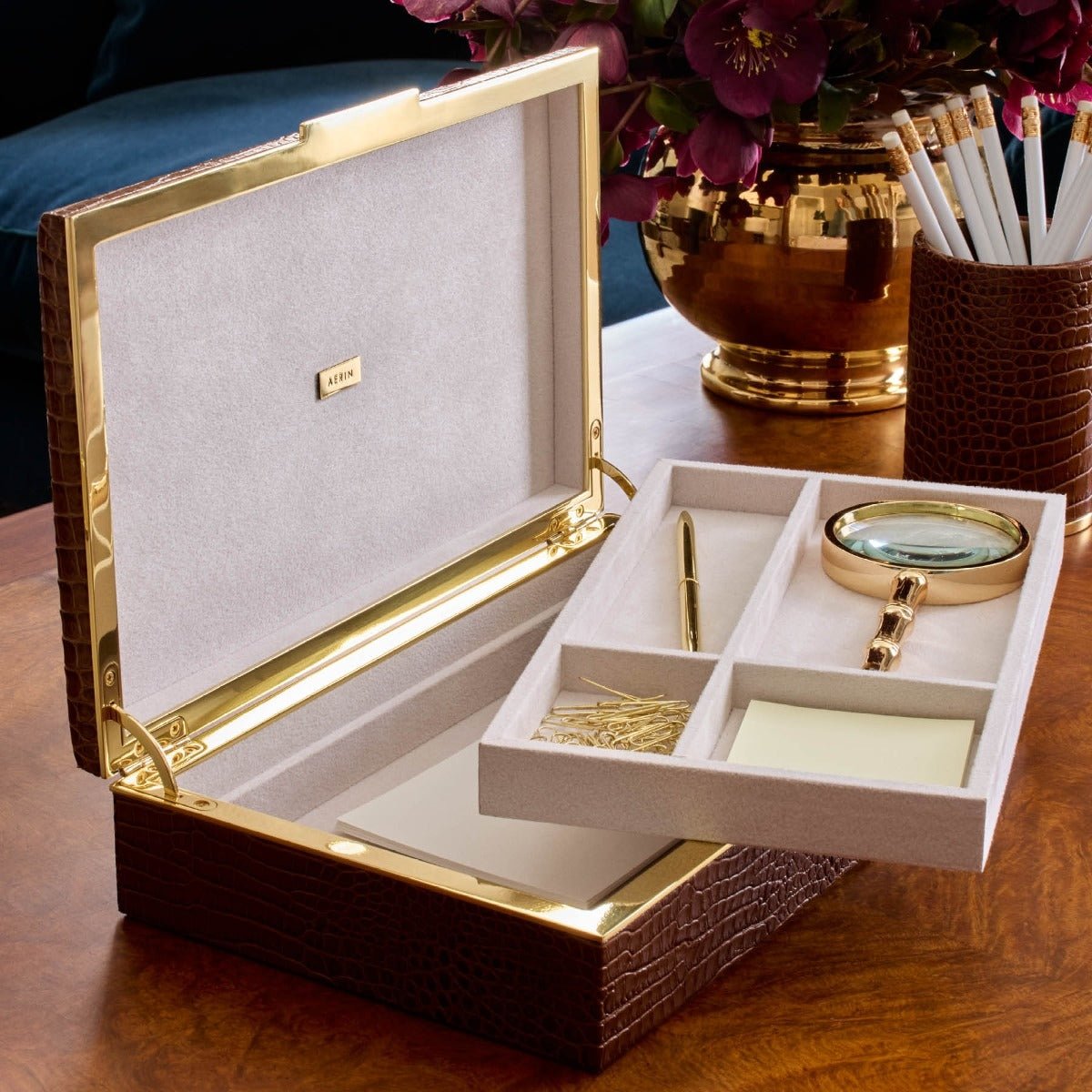 Classic Croc Leather Desk Box in Chestnut | AERIN Home Decor at Fig Linens and Home 2