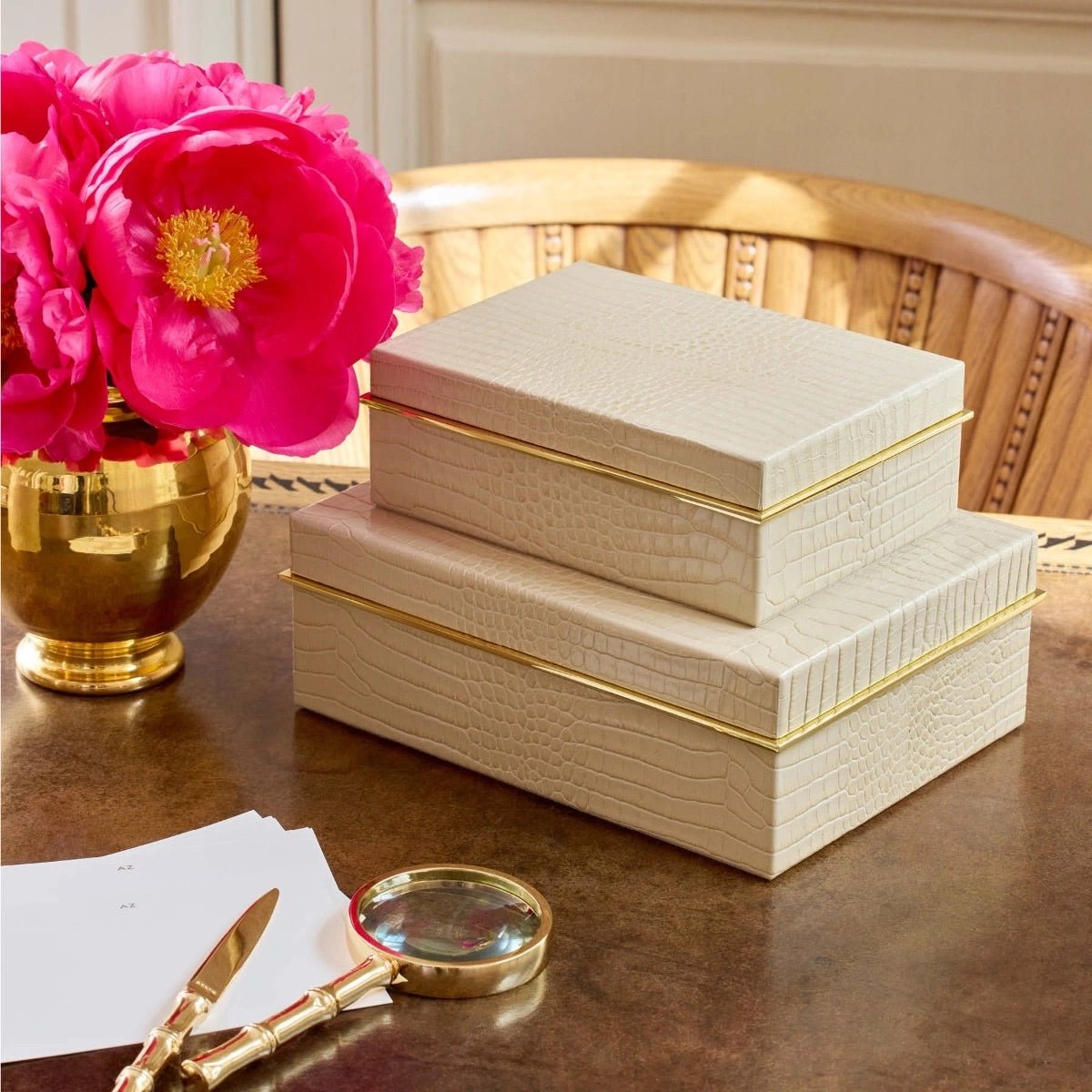 Classic Croc Leather Small Box in Fawn by AERIN - Lifestyle Photo of Boxes Stacked on Desk