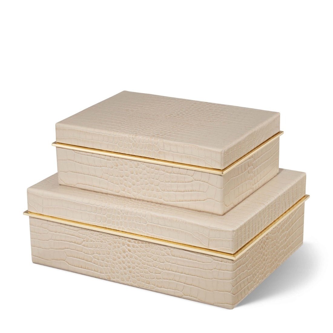 Classic Croc Leather Small Box in Fawn by AERIN - Shown in Stack with Larger Box