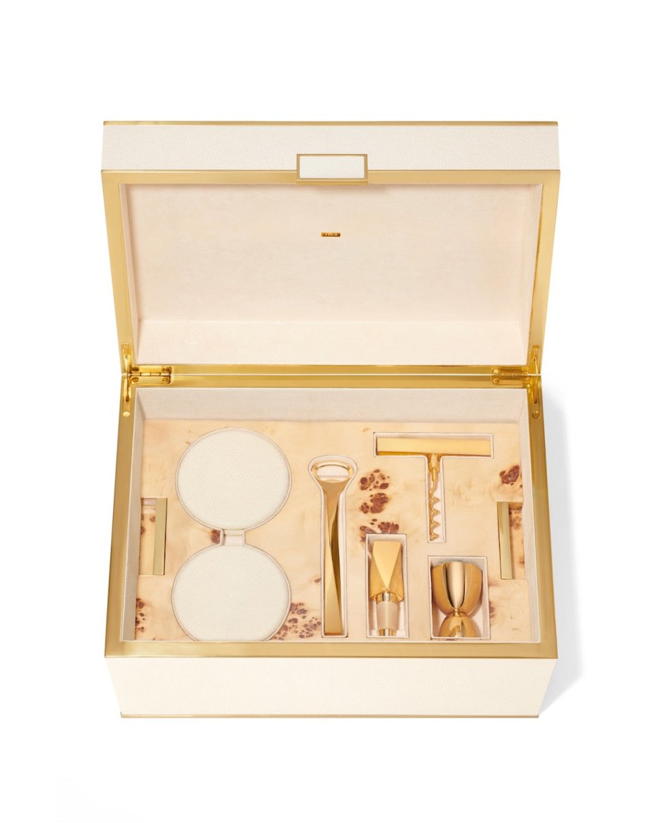 Tier of barware from Classic Shagreen Bar Set in Cream by AERIN - Fig Linens and Home - Shown in Box 1