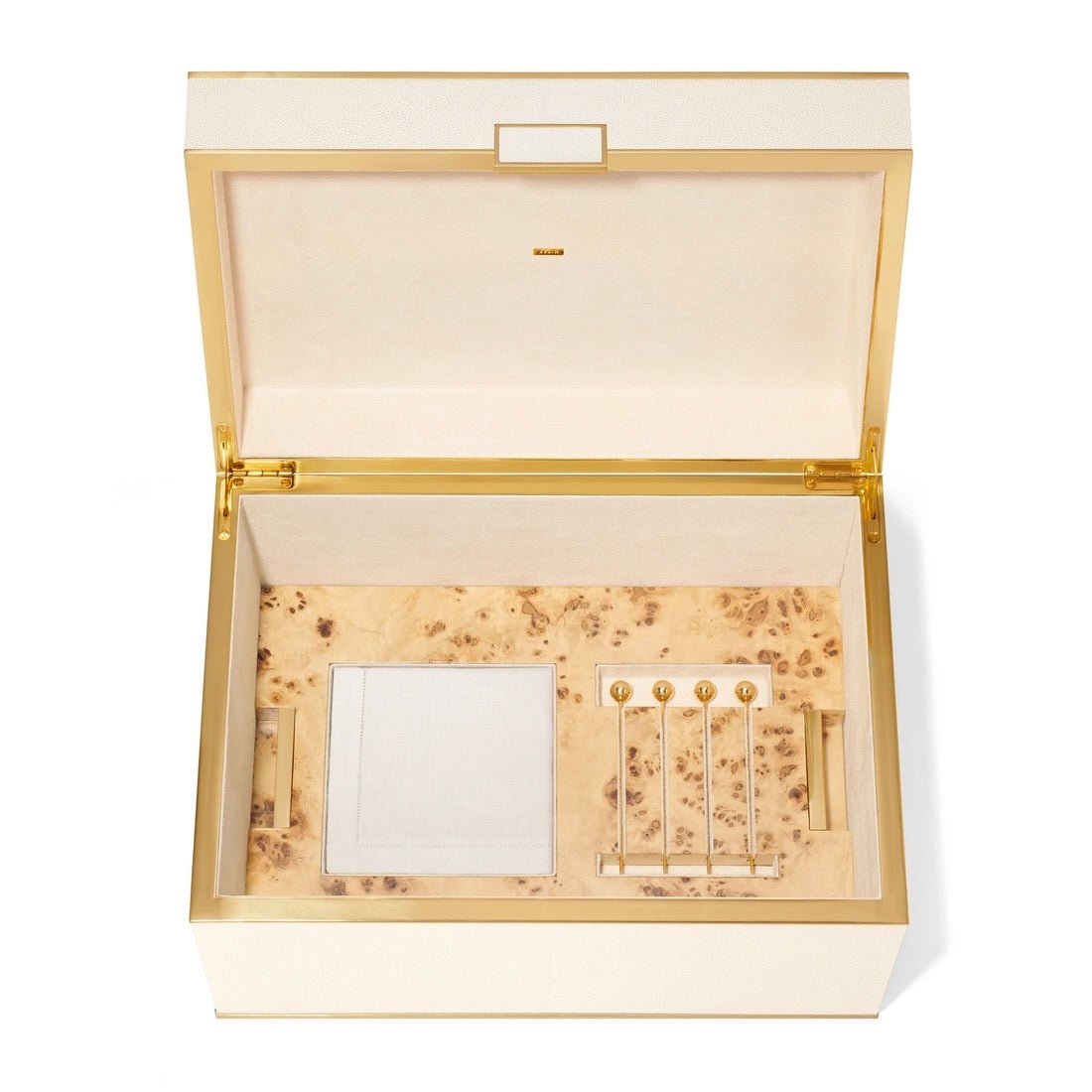 Tier of barware from Classic Shagreen Barware Set in Cream by AERIN - Fig Linens and Home - Shown in Box 2